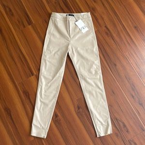 NEW w tags Zara beige cream high waisted leather leggings size SMALL